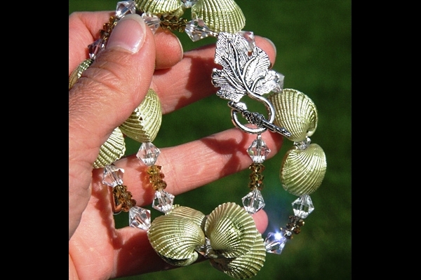 Natural Pearlescent Shell and Olive Green Peridot Swarovski Crystal Necklace XL