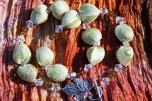 Natural Pearlescent Shell and Olive Green Peridot Swarovski Crystal Necklace XL