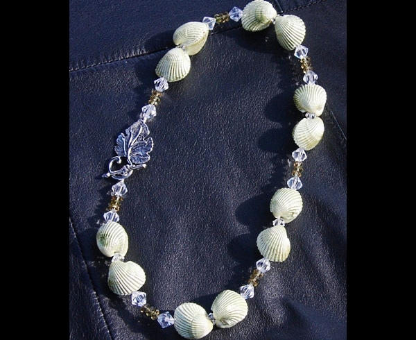 Natural Pearlescent Shell and Olive Green Peridot Swarovski Crystal Necklace XL