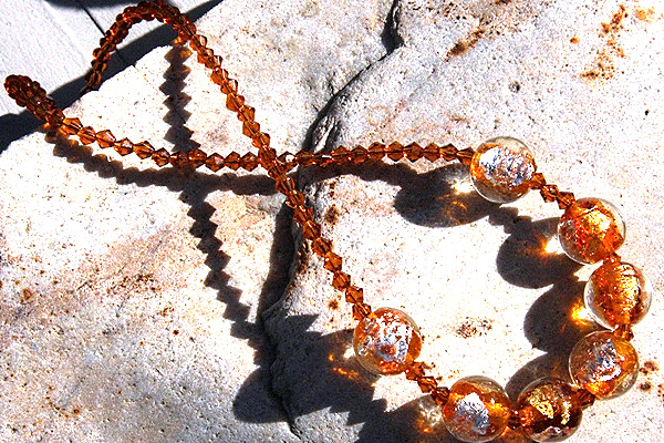 Amber Silver Leaf Murano Glass Ball and Smoked Topaz Swarovski Crystal Necklace
