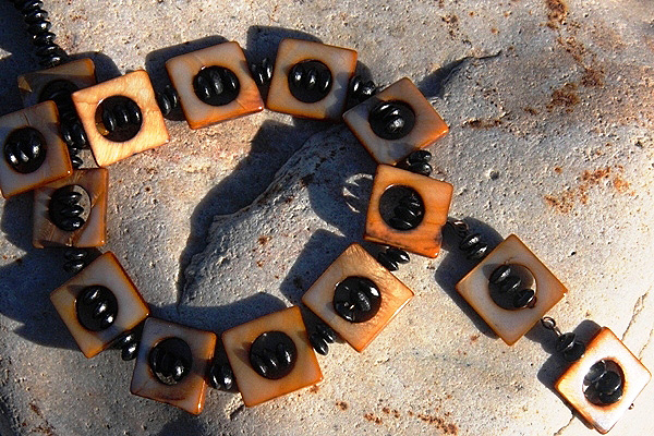 Golden Mother of Pearl and Black Ebony Wood Necklace