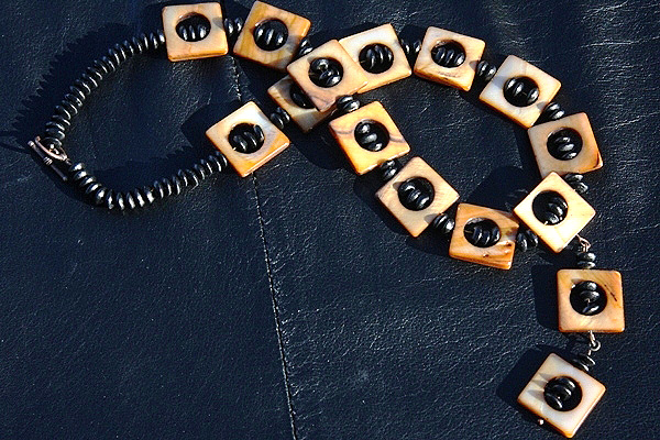 Golden Mother of Pearl and Black Ebony Wood Necklace