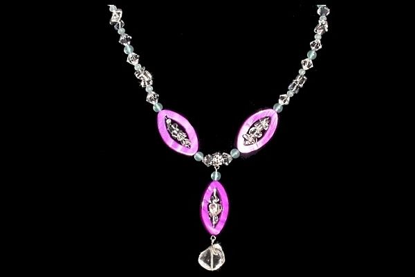 Bright Purple Mother of Pearl with Natural Larimar and Rock Quartz Necklace