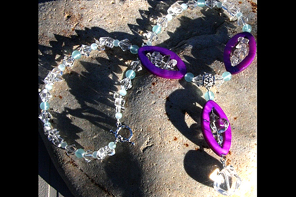 Bright Purple Mother of Pearl with Natural Larimar and Rock Quartz Necklace