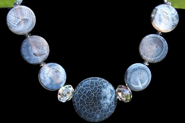 Frosted Blue Agate Gemstone Disc Necklace with Enormous Swarovski Rondelles
