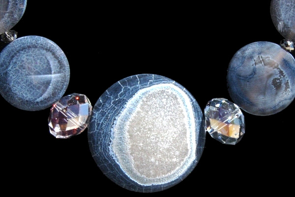 Frosted Blue Agate Gemstone Disc Necklace with Enormous Swarovski Rondelles