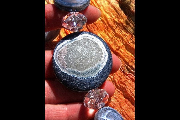 Frosted Blue Agate Gemstone Disc Necklace with Enormous Swarovski Rondelles