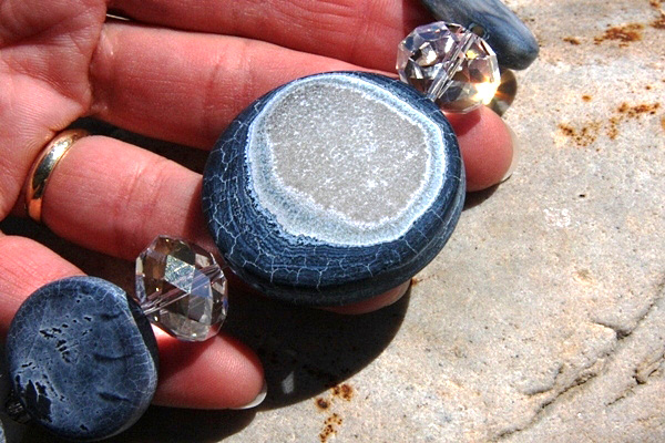 Frosted Blue Agate Gemstone Disc Necklace with Enormous Swarovski Rondelles