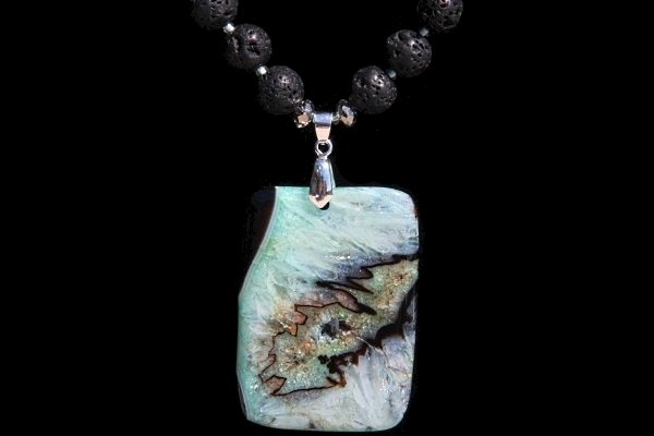 Wild Crystal Slice with Black Lava and Aquamarine Gemstone Necklace