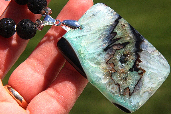 Wild Crystal Slice with Black Lava and Aquamarine Gemstone Necklace