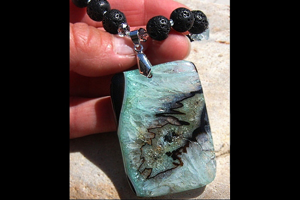 Wild Crystal Slice with Black Lava and Aquamarine Gemstone Necklace