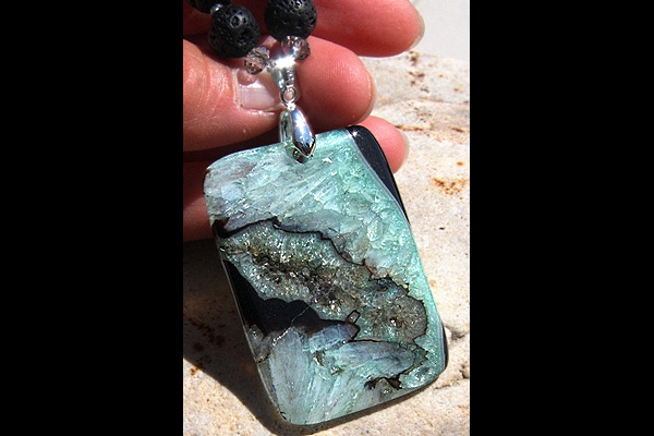 Wild Crystal Slice with Black Lava and Aquamarine Gemstone Necklace