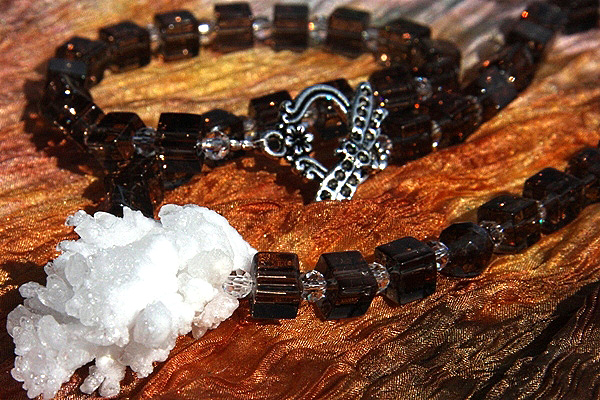 Smoky Quartz Necklace with an Extraordinary Calcite Crystal Cluster