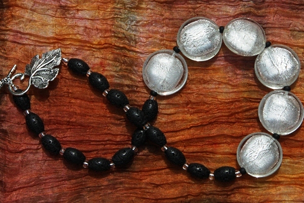 Stunning Big Silver Leaf Murano Glass Disc and Lava Stone Necklace