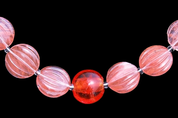 Delicate Carved Watermelon Quartz and Bright Red Lampwork Glass Necklace