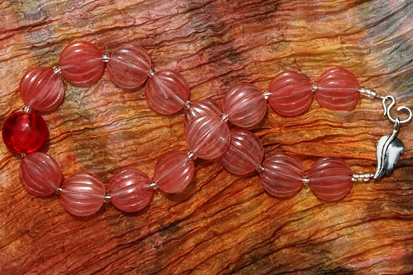 Delicate Carved Watermelon Quartz and Bright Red Lampwork Glass Necklace