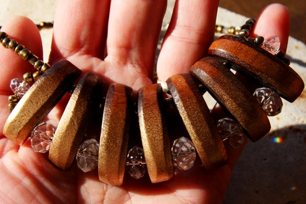 Wood and Swarovski Crystal BOLD and GOLD WAVE Necklace
