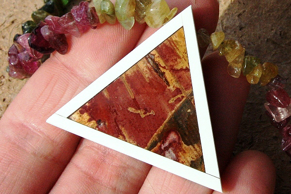 Picture Jasper Intarsia Triangle Pendant and Genuine Tourmaline Gemstone