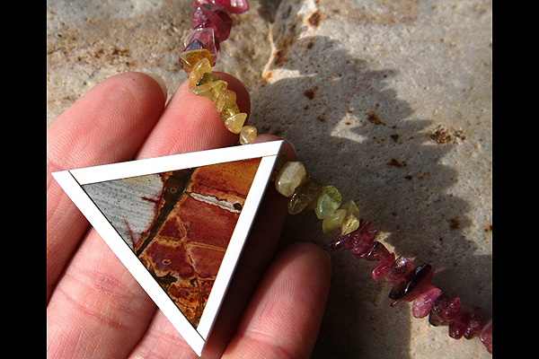 Picture Jasper Intarsia Triangle Pendant and Genuine Tourmaline Gemstone