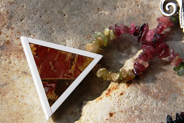 Picture Jasper Intarsia Triangle Pendant and Genuine Tourmaline Gemstone
