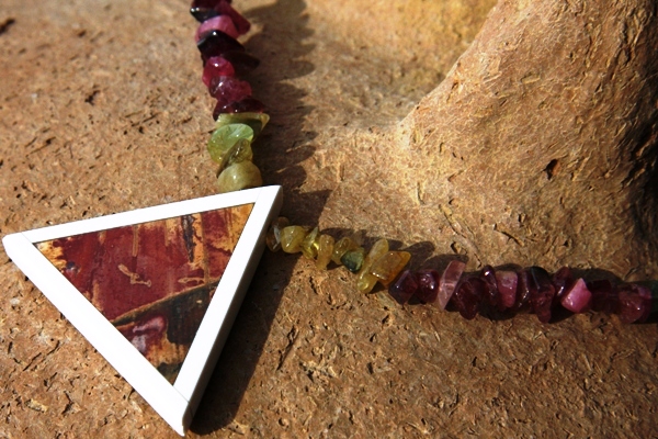 Picture Jasper Intarsia Triangle Pendant and Genuine Tourmaline Gemstone