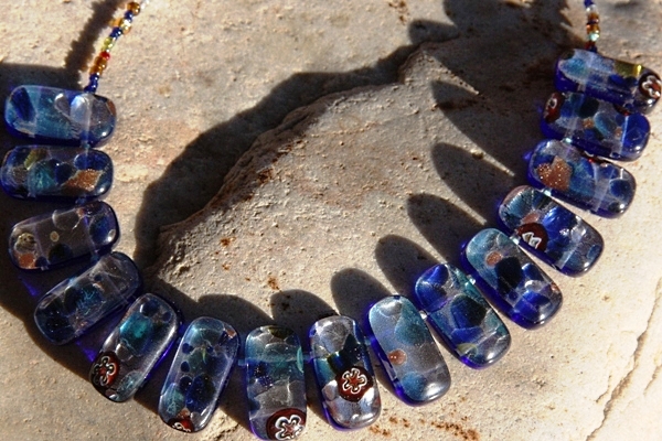 Festive Cobalt Blue and Silver Murano Glass Necklace