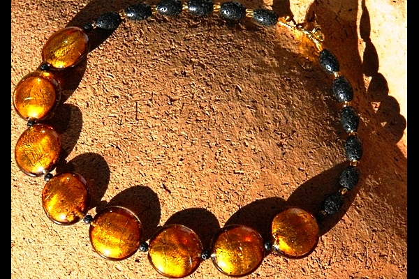 Stunning BIG Silver Leaf Murano Glass GOLD Disc and Lava Stone Necklace