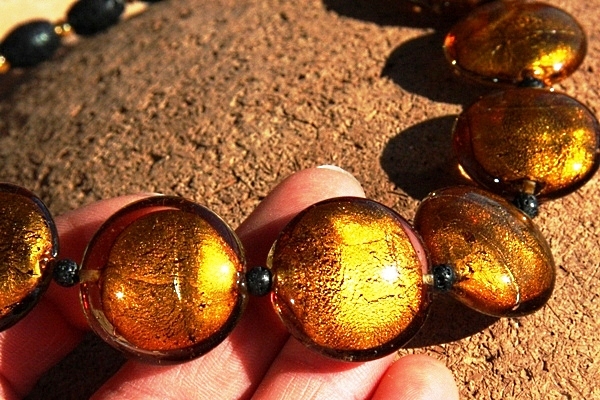 Stunning BIG Silver Leaf Murano Glass GOLD Disc and Lava Stone Necklace