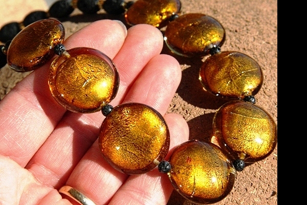 Stunning BIG Silver Leaf Murano Glass GOLD Disc and Lava Stone Necklace