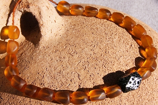 Amber Frosted Tumbled Glass Chunks and Black Lava Stone Necklace
