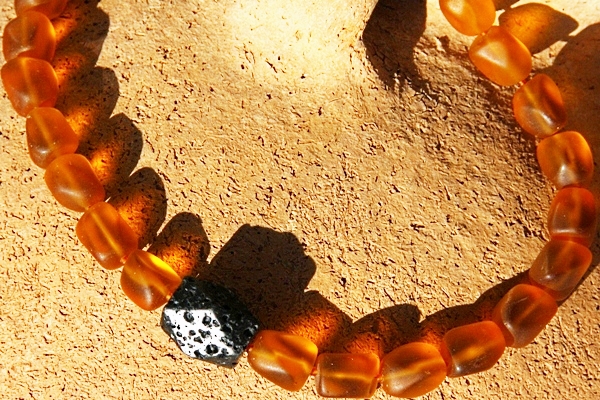 Amber Frosted Tumbled Glass Chunks and Black Lava Stone Necklace