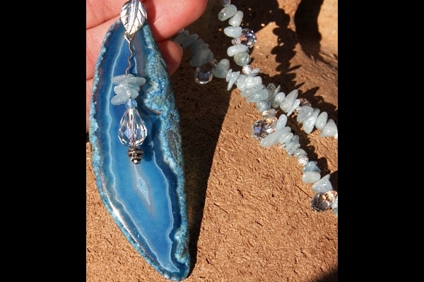 Fairytale Aquamarine Necklace with Long Blue Agate Slice Pendant