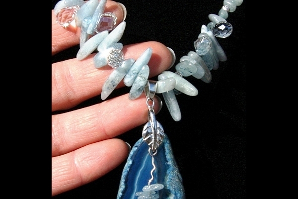 Fairytale Aquamarine Necklace with Long Blue Agate Slice Pendant