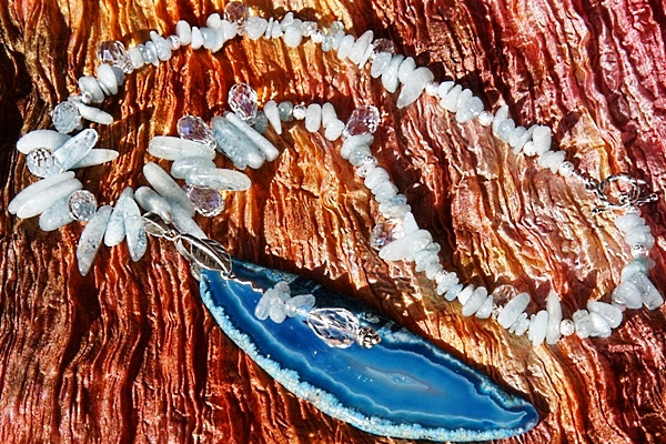 Fairytale Aquamarine Necklace with Long Blue Agate Slice Pendant