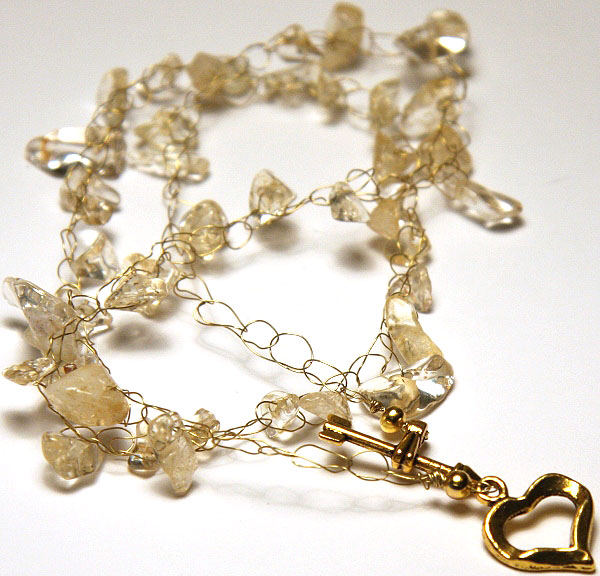 Gold Wire Crochet Necklace with Citrine Nuggets